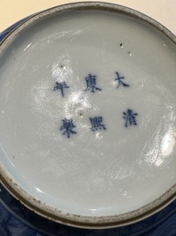 Vase de forme bouteille &agrave; t&ecirc;te d'ail en porcelaine de Chine en bleu et blanc &agrave; d&eacute;cor d'animaux mythiques, marque et &eacute;poque de Kangxi