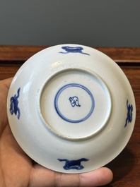 Six Chinese blue and white 'Long Eliza' cups and saucers, various marks, Kangxi