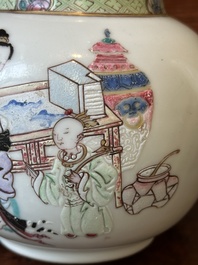 A fine Chinese famille rose teapot with a cat, lady and child, Yongzheng