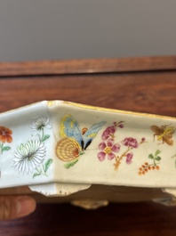 A pair of hexagonal Chinese Canton famille rose jardinieres on stands, 19th C.