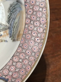 A Chinese famille rose ruby-back eggshell plate with a fine landscape, Yongzheng