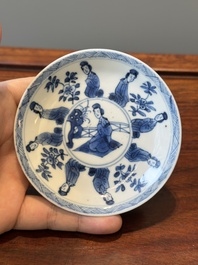 Six Chinese blue and white 'Long Eliza' cups and saucers, various marks, Kangxi