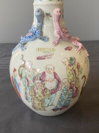 A Chinese famille rose '18 Luohan' bottle vase, 19th C.
