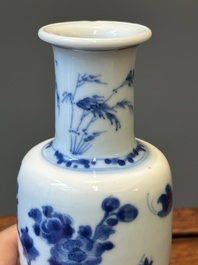 A Chinese blue and white rouleau vase and a tripod censer, Kangxi