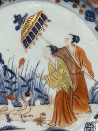 Three Chinese Imari-style 'Parasol ladies' plates after Cornelis Pronk, Qianlong