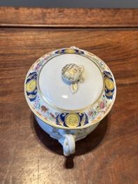 A rare Chinese Canton famille rose covered sugar bowl, a cup and saucer, 19th C.