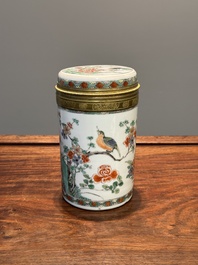 A Chinese famille verte cylindrical box and cover with gilt bronze mount, Kangxi