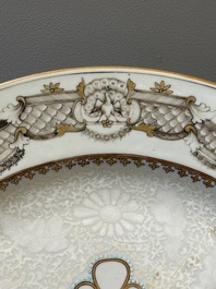 A Chinese grisaille armorial dish and two plates for the Dutch, English and Scottish markets, Qianlong