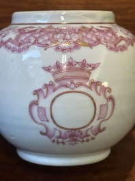 A 28-piece Chinese puce-enamelled and gilt armorial tea service with crowned monograms, Qianlong