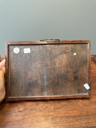 A rectangular Chinese famille verte plaque in a wooden faux bamboo frame, Kangxi
