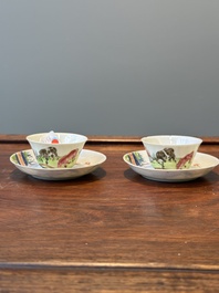 A pair of Chinese famille rose cups and saucers with horses, Yongzheng