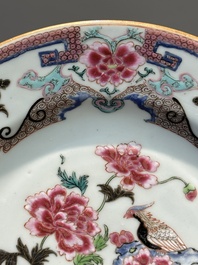 Four Chinese famille rose plates with flowers and animals, Yongzheng/Qianlong