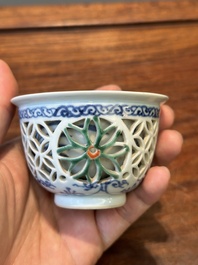 A rare Chinese reticulated double-walled famille verte cup, Kangxi