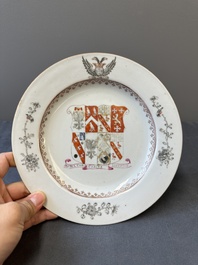 A Chinese grisaille armorial dish and two plates for the Dutch, English and Scottish markets, Qianlong