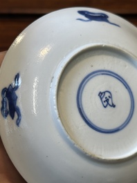 Six Chinese blue and white 'Long Eliza' cups and saucers, various marks, Kangxi