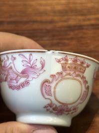 A 28-piece Chinese puce-enamelled and gilt armorial tea service with crowned monograms, Qianlong
