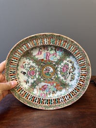 A Chinese Canton famille rose reticulated basket on stand and a bowl with gilt bronze mounts, 19th C.