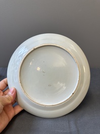 Drie Chinese Canton famille rose borden en een paar eierdopjes met wapendecor voor de Portugese markt, Guangxu