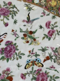 A pair of Chinese Canton famille rose monogrammed plates and a large '100 butterflies' tray, 19th C.