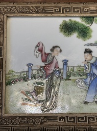 A Chinese Canton carved wooden casket with a famille rose plaque, Republic