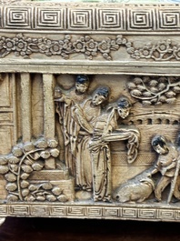 A Chinese Canton carved wooden casket with a famille rose plaque, Republic
