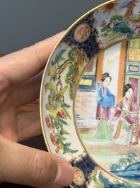 A rare Chinese Canton famille rose covered sugar bowl, a cup and saucer, 19th C.