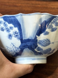 Bol en porcelaine de Chine en bleu et blanc &agrave; d&eacute;cor de la chasse mongole, marque de Chenghua, Kangxi