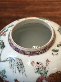 A pair of Chinese famille rose 'boy and buffalo' teapots, Yongzheng