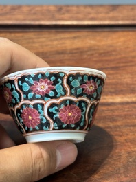 Nine Chinese famille rose cups and eight saucers, Yongzheng/Qianlong