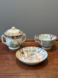 A rare Chinese Canton famille rose covered sugar bowl, a cup and saucer, 19th C.