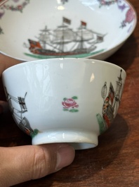 A rare Chinese famille rose 'European merchant ship' cup and saucer, Qianlong