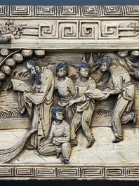 A Chinese Canton carved wooden casket with a famille rose plaque, Republic