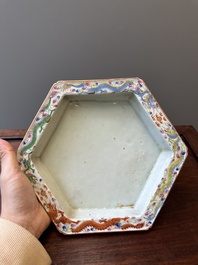 A pair of hexagonal Chinese Canton famille rose jardinieres on stands, 19th C.