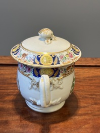 A rare Chinese Canton famille rose covered sugar bowl, a cup and saucer, 19th C.