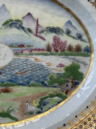 An oval Chinese monogrammed Canton famille rose dish with landscape design, 19th C.