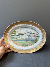 An oval Chinese monogrammed Canton famille rose dish with landscape design, 19th C.