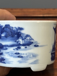 A Chinese blue and white rouleau vase and a tripod censer, Kangxi