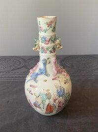 A Chinese famille rose '18 Luohan' bottle vase, 19th C.