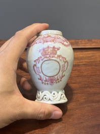 A 28-piece Chinese puce-enamelled and gilt armorial tea service with crowned monograms, Qianlong