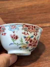 Nine Chinese famille rose cups and eight saucers, Yongzheng/Qianlong