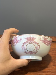 A 28-piece Chinese puce-enamelled and gilt armorial tea service with crowned monograms, Qianlong