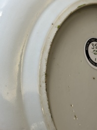 A pair of Chinese Canton famille rose monogrammed plates and a large '100 butterflies' tray, 19th C.
