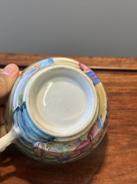 A rare Chinese Canton famille rose covered sugar bowl, a cup and saucer, 19th C.