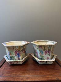 A pair of hexagonal Chinese Canton famille rose jardinieres on stands, 19th C.
