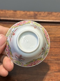 Five Chinese famille rose cups and six saucers with floral decor, Yongzheng/Qianlong