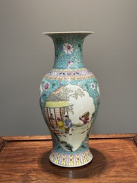 A Chinese famille rose dish with figural design and a 'rice production' vase, Qianlong mark, 20th C.