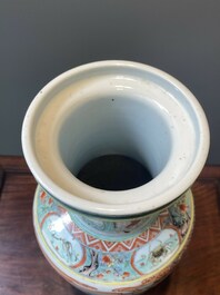 A Chinese famille verte rouleau vase with narrative design, 19th C.
