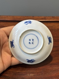 Six Chinese blue and white 'Long Eliza' cups and saucers, various marks, Kangxi