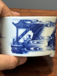 A Chinese blue and white rouleau vase and a tripod censer, Kangxi