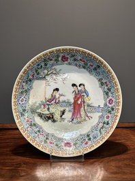 A Chinese famille rose dish with figural design and a 'rice production' vase, Qianlong mark, 20th C.